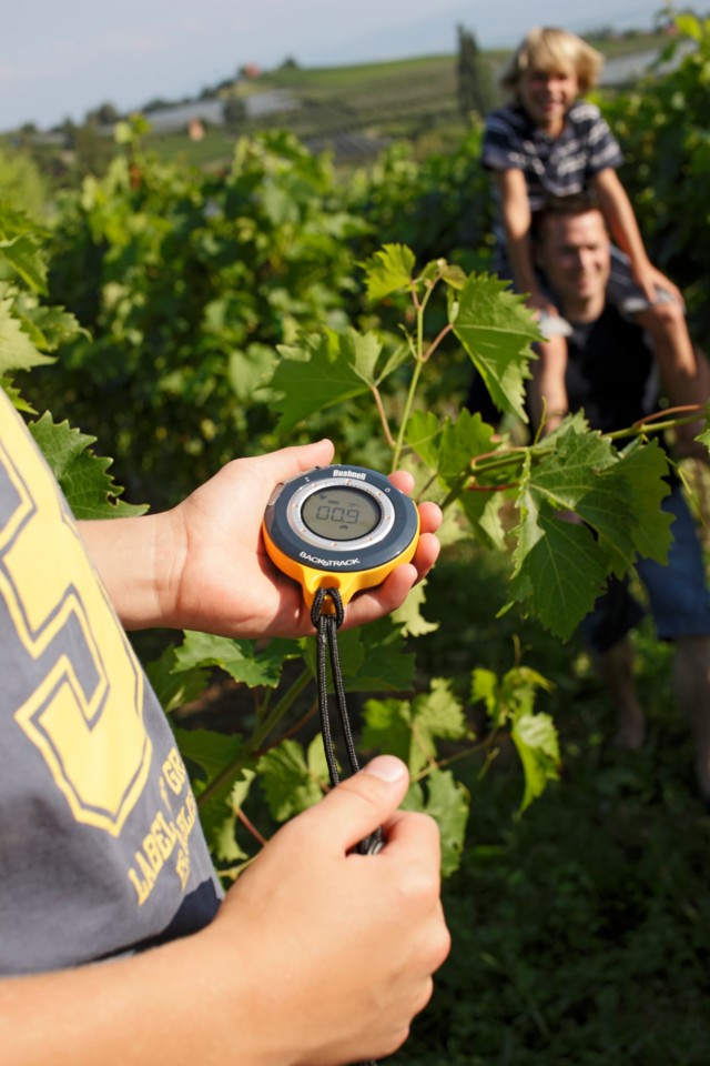Ein GPS-Gerät vor Weinreben